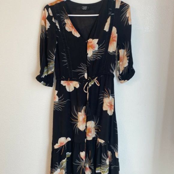 Volcom Women Black Floral Hawaiian Print Hi Low 3/4 Sleeve V Neck Maxi Dress XS - Picture 1 of 8
